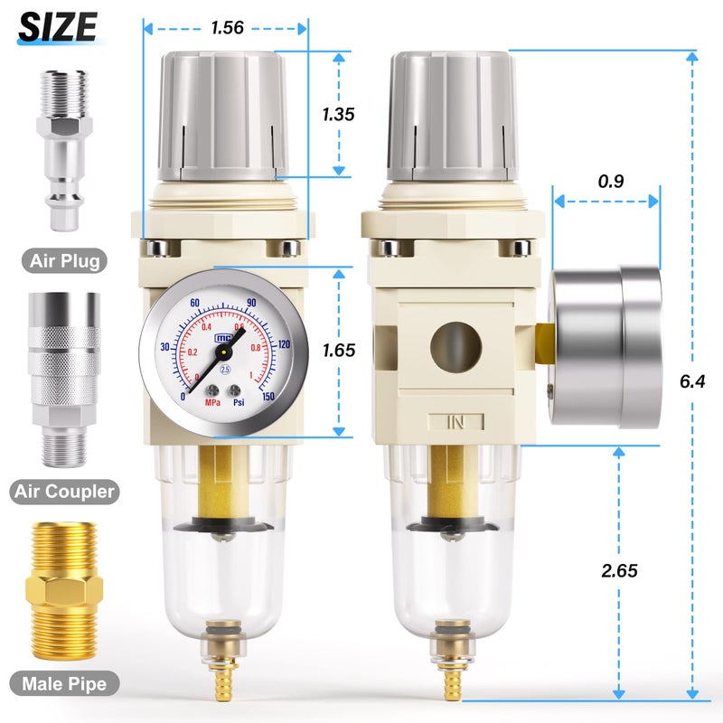 TAILONZ PNEUMATIC 1/4 Inch NPT Air Filter Pressure Regulator Combo Piggyback, Air Tool Compressor Filter with Gauge AW2000-02 - Image 2